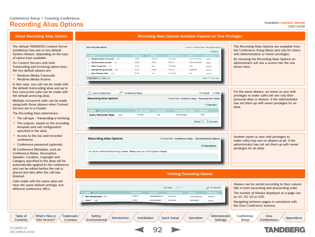 TANDBERG D13898.04 manual About Recording Alias Options, Viewing Recording Aliases 