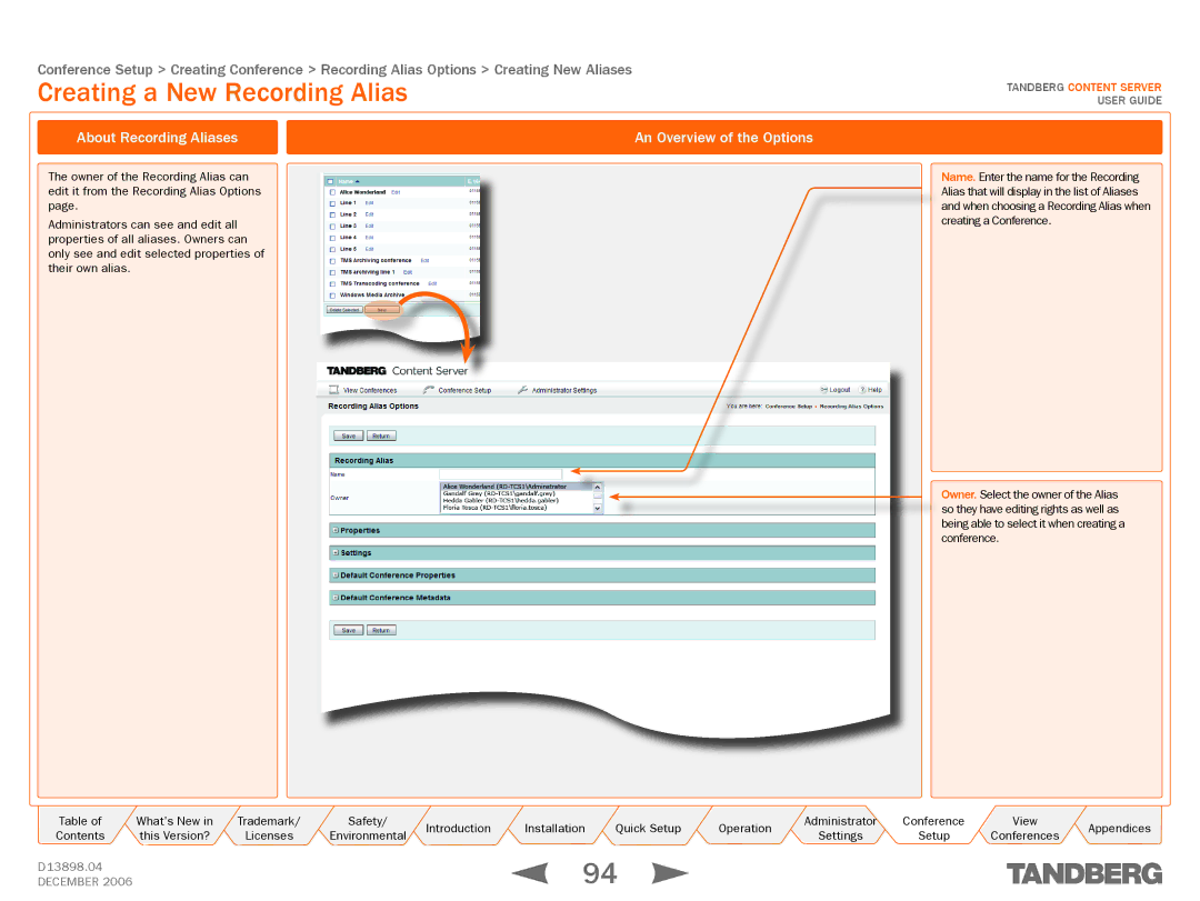 TANDBERG D13898.04 manual Creating a New Recording Alias, About Recording Aliases An Overview of the Options 