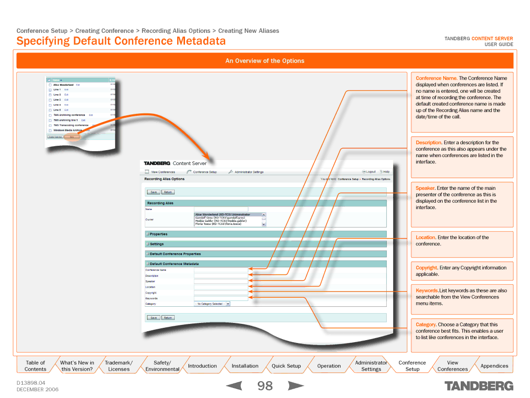 TANDBERG D13898.04 manual Specifying Default Conference Metadata 