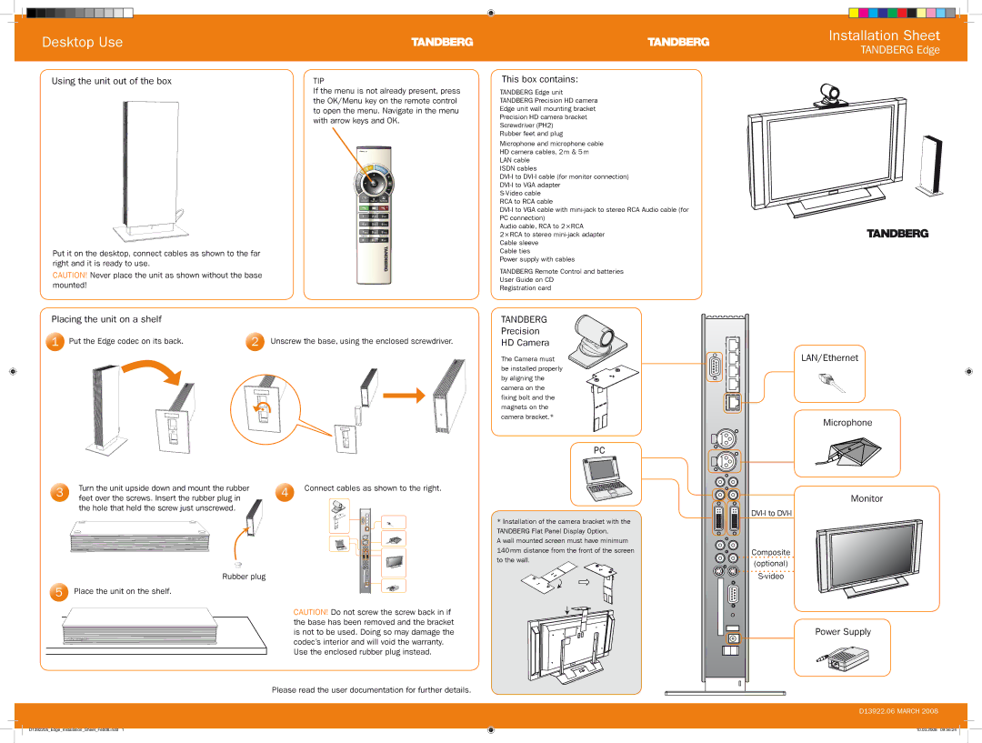 TANDBERG D13922.06 warranty Desktop Use, Installation Sheet 