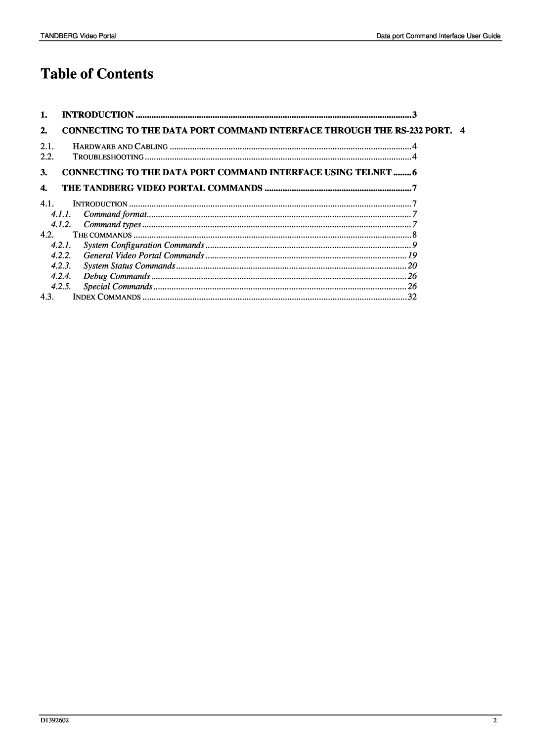 TANDBERG D1392602 manual Table of Contents, Introduction, Connecting To The Data Port Command Interface Using Telnet, 4.1.1 