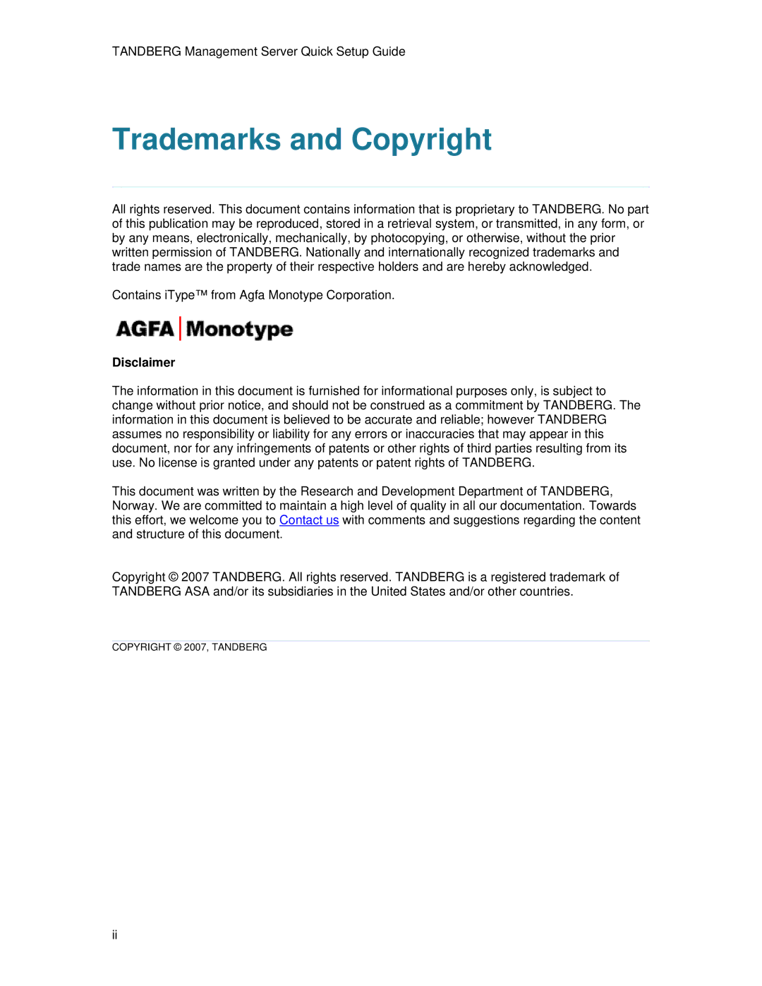 TANDBERG D13939 setup guide Trademarks and Copyright, Disclaimer 