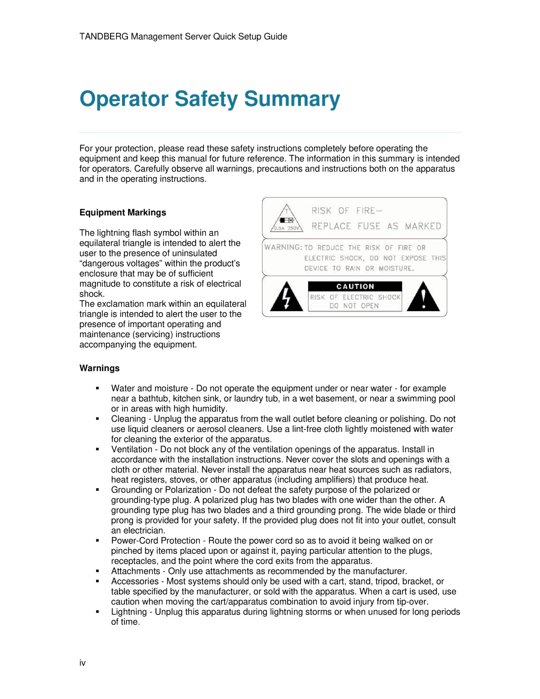 TANDBERG D13939 setup guide Operator Safety Summary, Equipment Markings 