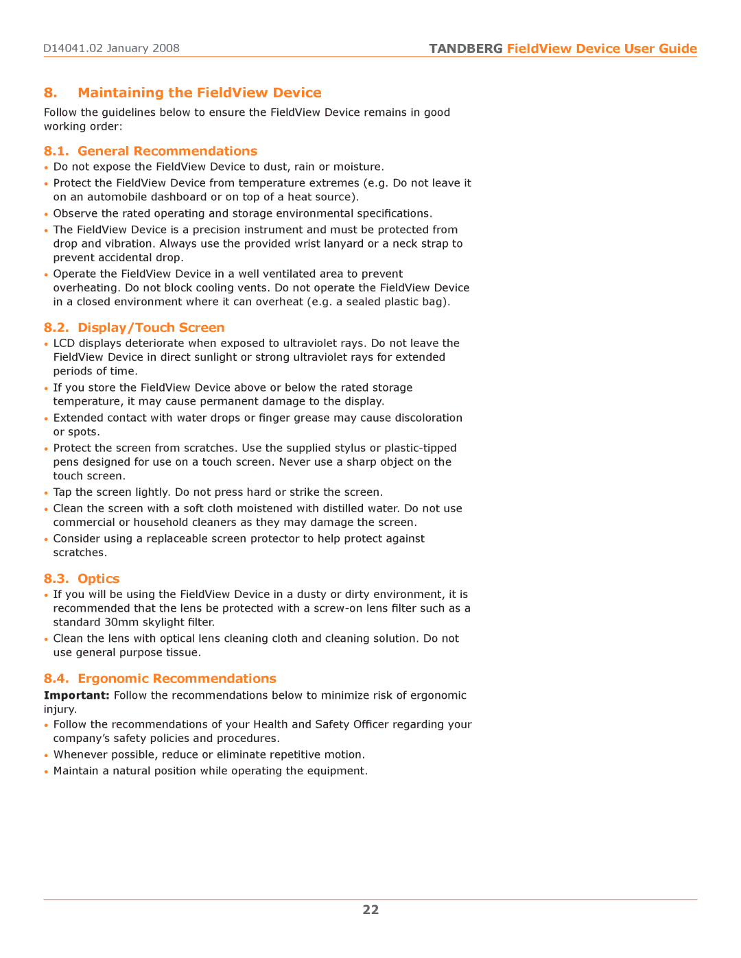 TANDBERG D14041.02 manual Maintaining the FieldView Device, General Recommendations, Display/Touch Screen, Optics 