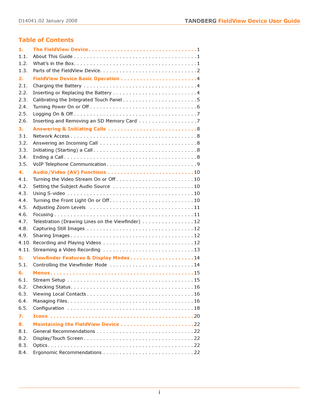 TANDBERG D14041.02 manual Table of Contents 