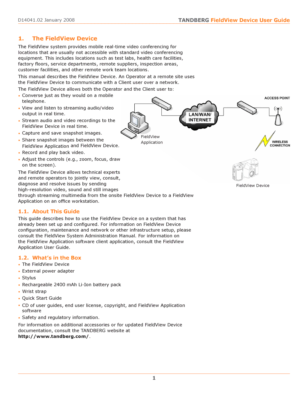 TANDBERG D14041.02 manual FieldView Device, About This Guide, What’s in the Box, Share snapshot images between 