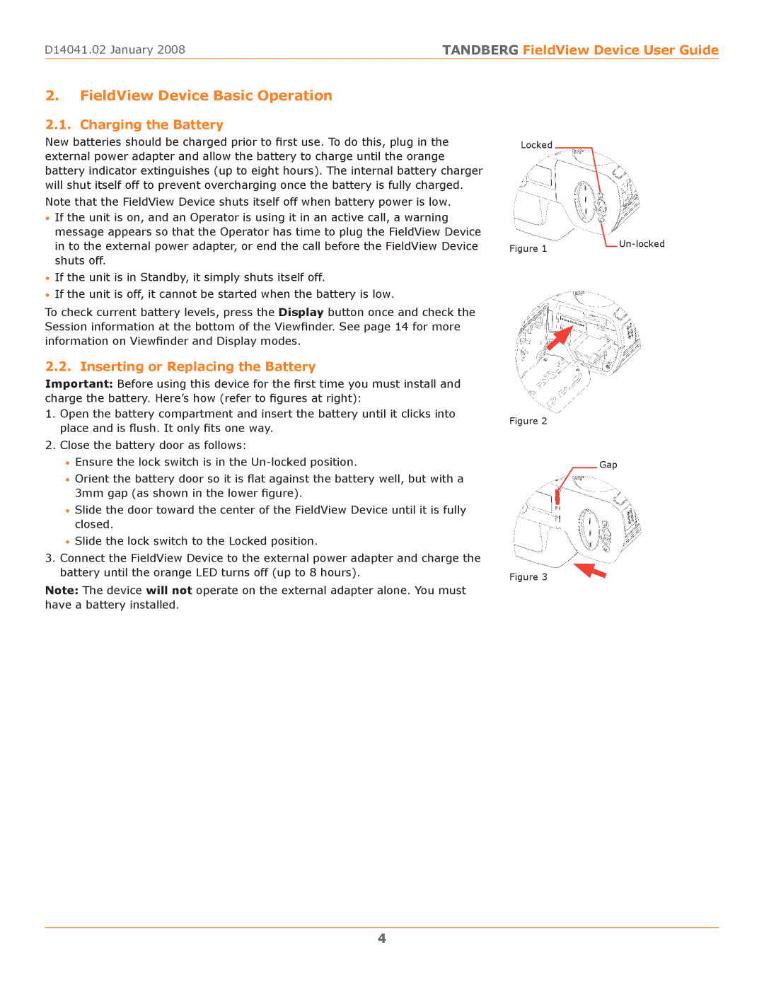 TANDBERG D14041.02 manual FieldView Device Basic Operation, Charging the Battery, Inserting or Replacing the Battery 