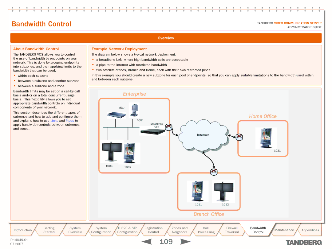 TANDBERG D14049.01 manual Bandwidthth Controll, About Bandwidth Control, Example Network Deployment 