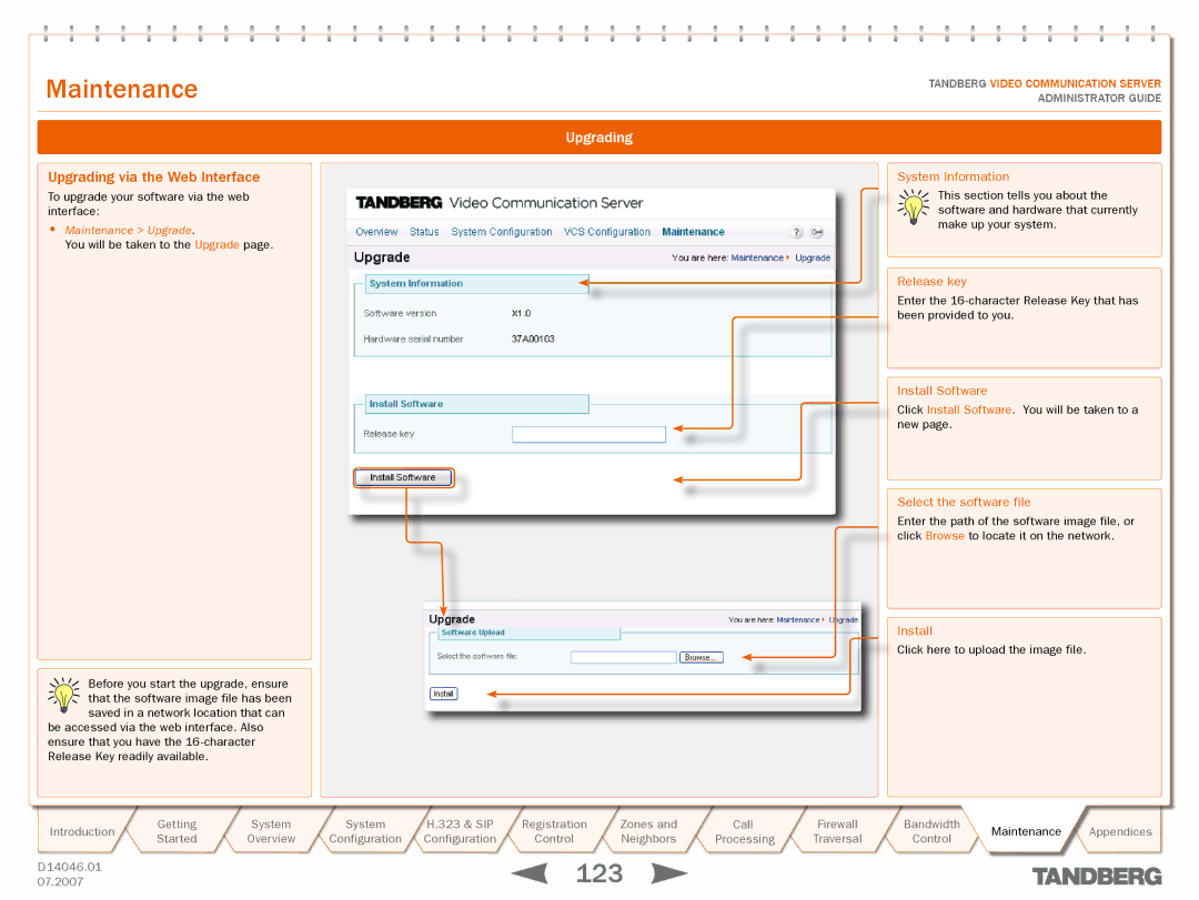 TANDBERG D14049.01 manual Upgrading via the Web Interface 