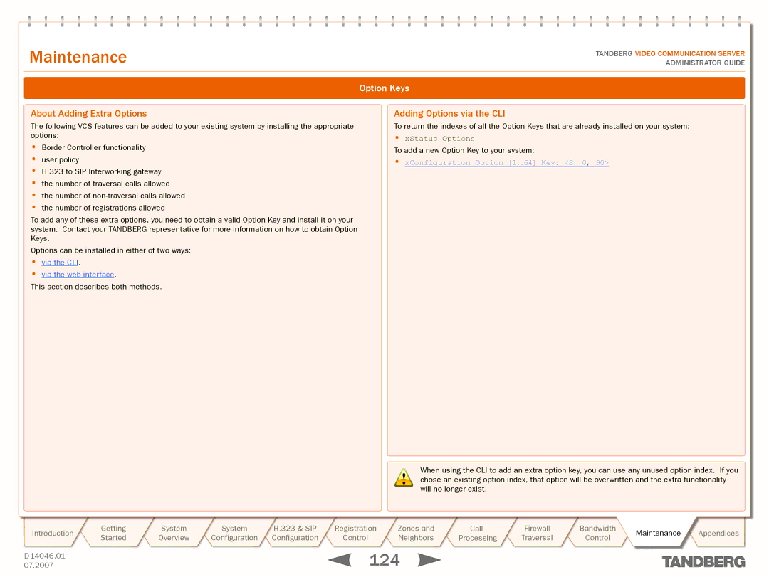 TANDBERG D14049.01 manual Option Keys, About Adding Extra Options, Adding Options via the CLI 