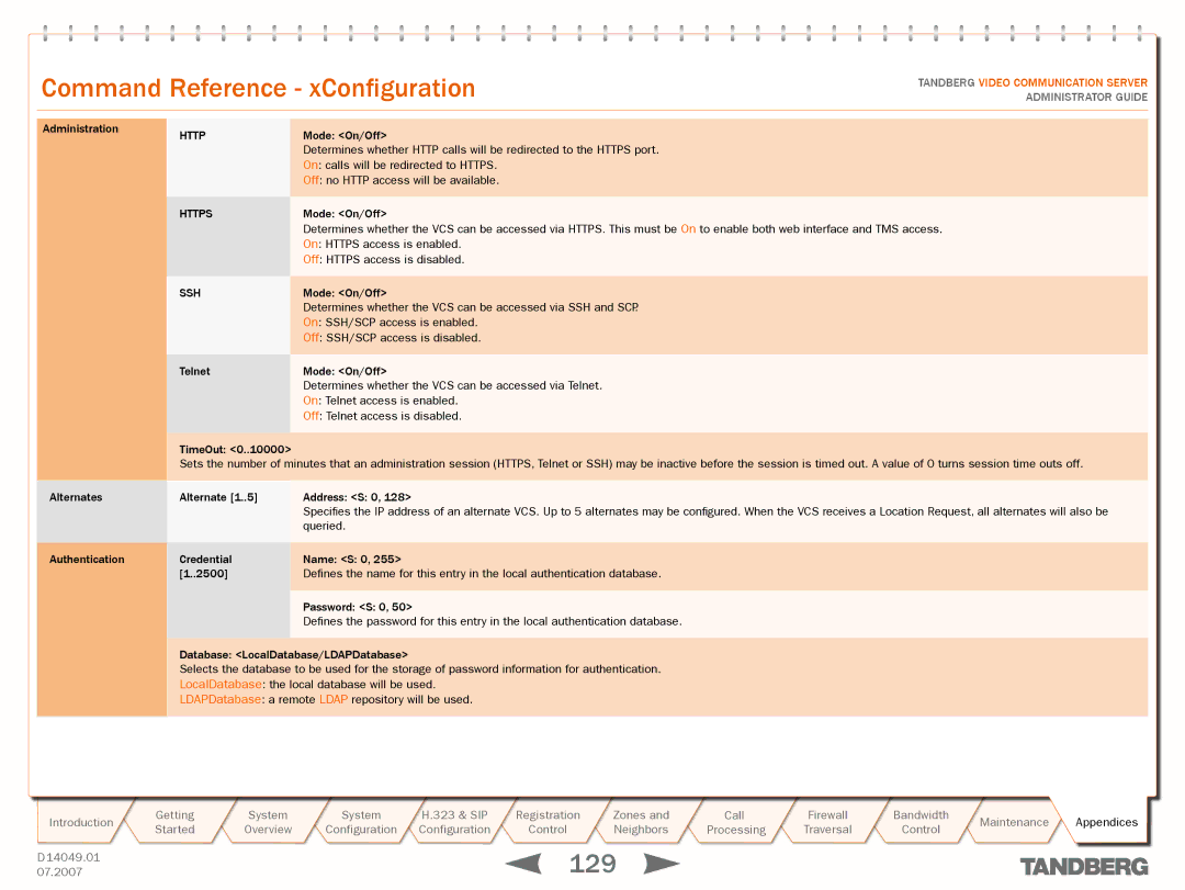 TANDBERG D14049.01 manual CommandText goes hereReference xConfiguration, Https, Ssh 