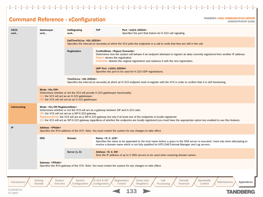 TANDBERG D14049.01 manual H323 Gatekeeper CallSignaling, Tcp, Port 