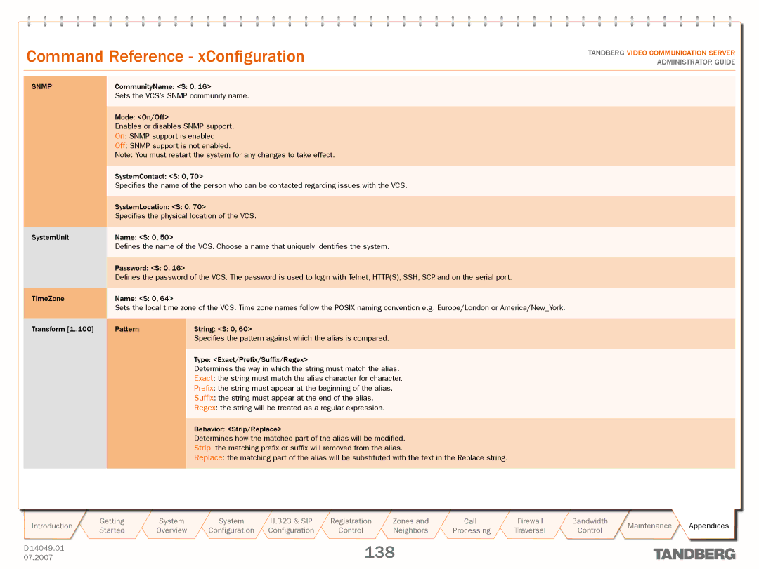 TANDBERG D14049.01 manual Snmp, CommunityName S 0 