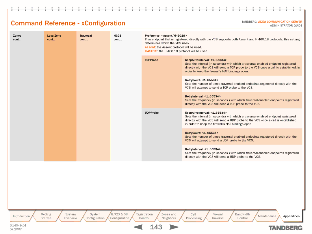 TANDBERG D14049.01 manual Zones LocalZone Traversal H323 Cont, Order to keep the firewall’s NAT bindings open, RetryCount 