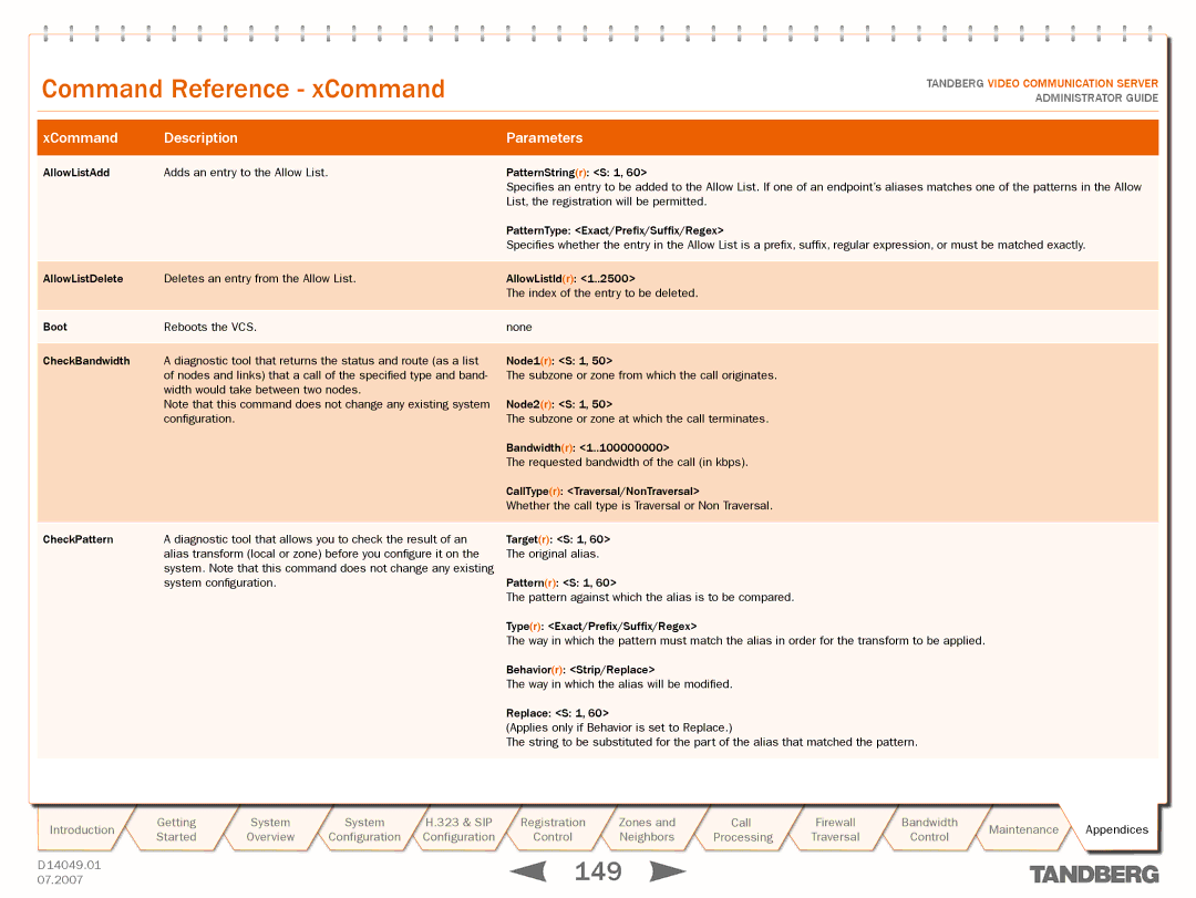 TANDBERG D14049.01 manual CommandText goes hereReference xCommand, XCommand Description Parameters 