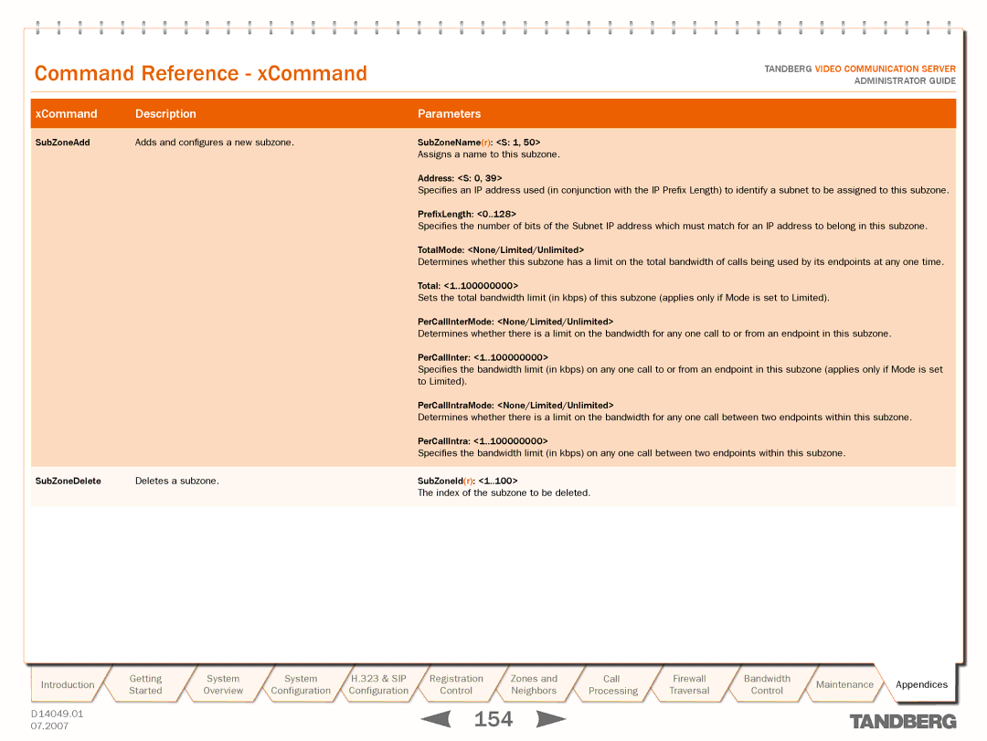 TANDBERG D14049.01 manual SubZoneAdd SubZoneDelete, PerCallInterMode None/Limited/Unlimited, To Limited, PerCallIntra 