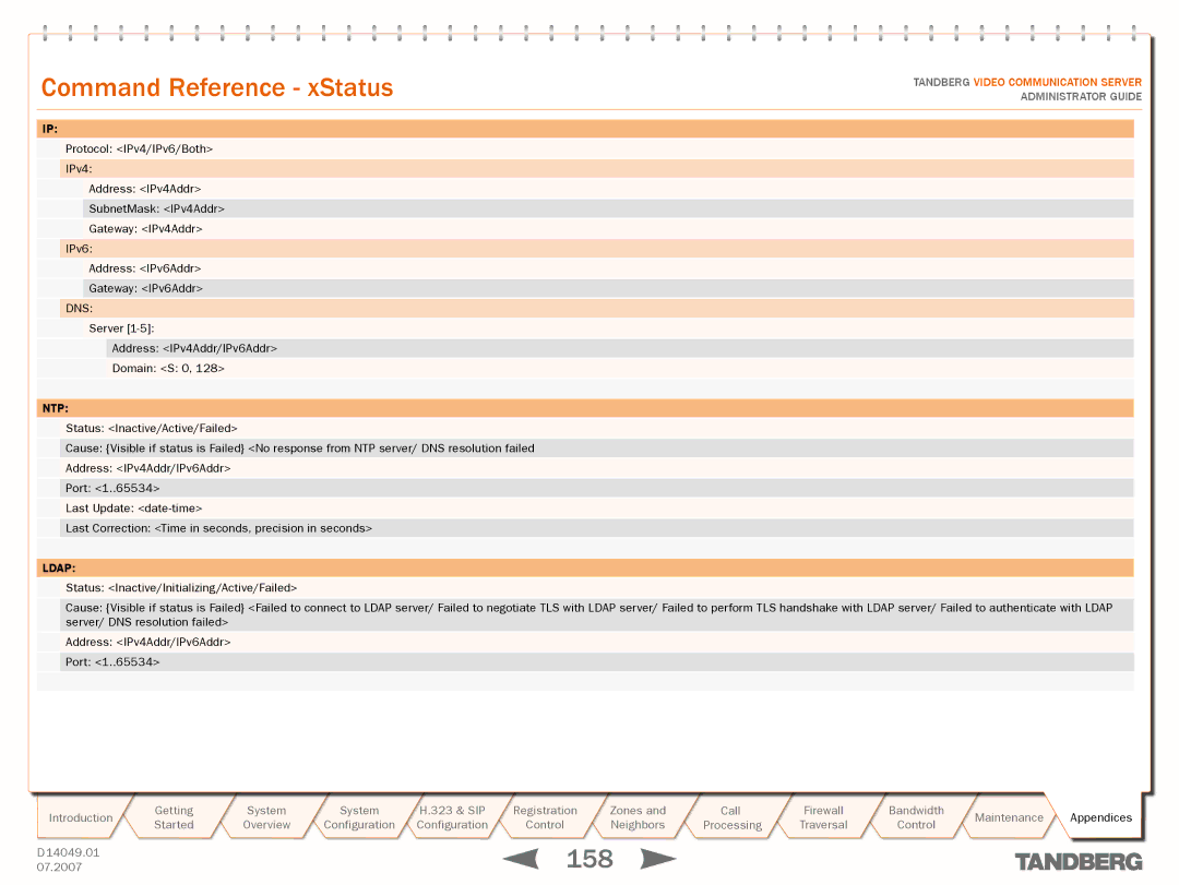 TANDBERG D14049.01 manual Server Address IPv4Addr/IPv6Addr Domain S 0, Ntp 