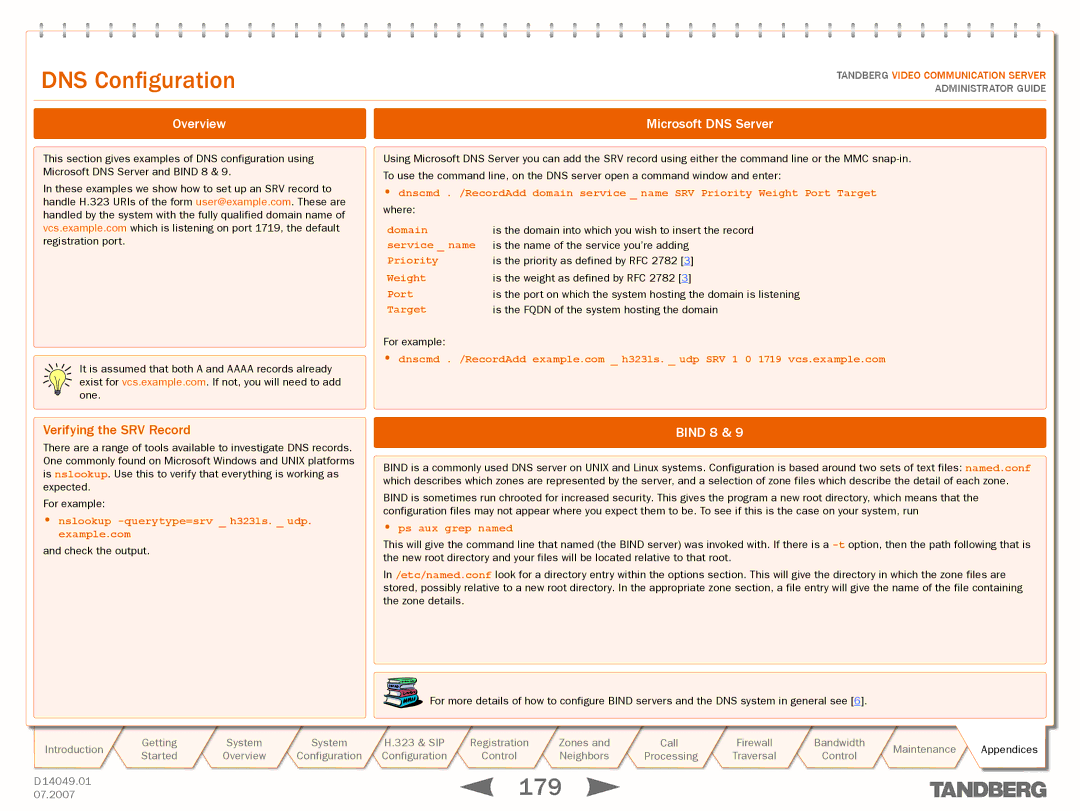 TANDBERG D14049.01 manual DNSText goesConfiguhereation, Overview Microsoft DNS Server, Verifying the SRV Record, Bind 8 