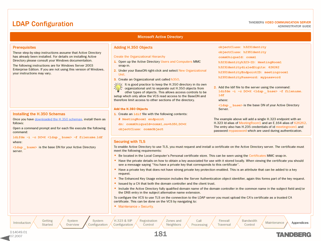 TANDBERG D14049.01 manual Installing the H.350 Schemas, Microsoft Active Directory, Adding H.350 Objects, Securing with TLS 