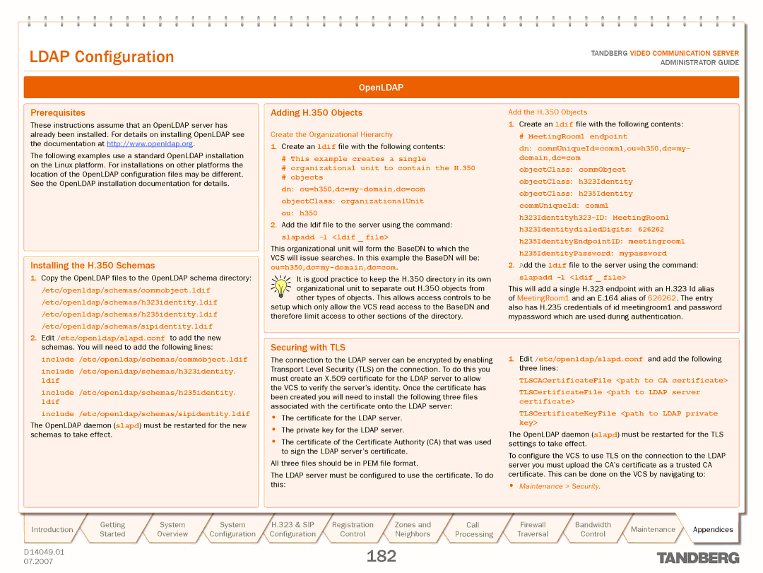 TANDBERG D14049.01 manual . Copy the OpenLDAP files to the OpenLDAP schema directory, Add the H.350 Objects 