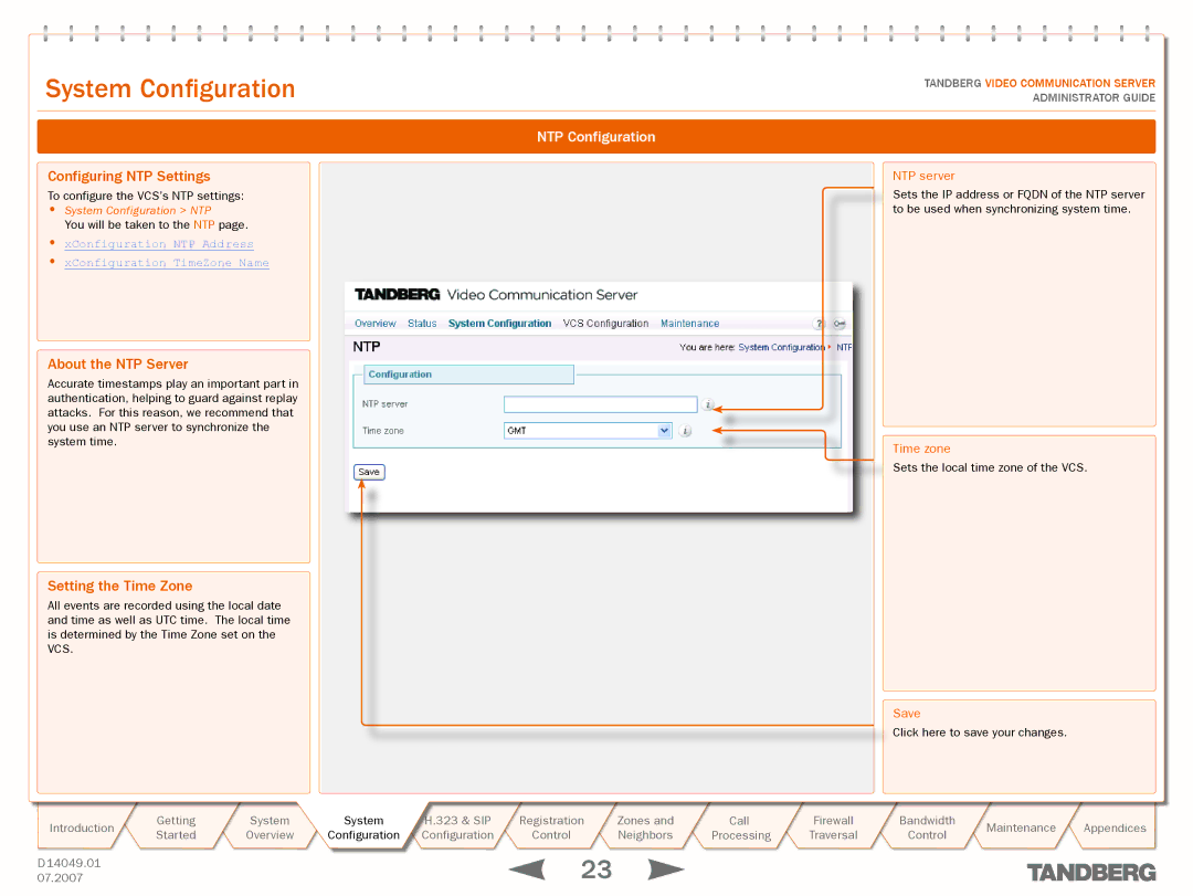 TANDBERG D14049.01 manual Configuring NTP Settings, About the NTP Server, Setting the Time Zone, NTP Configuration 