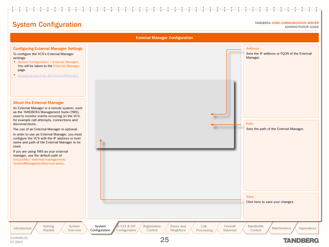 TANDBERG D14049.01 manual Configuring External Manager Settings, About the External Manager, External Manager Configuration 