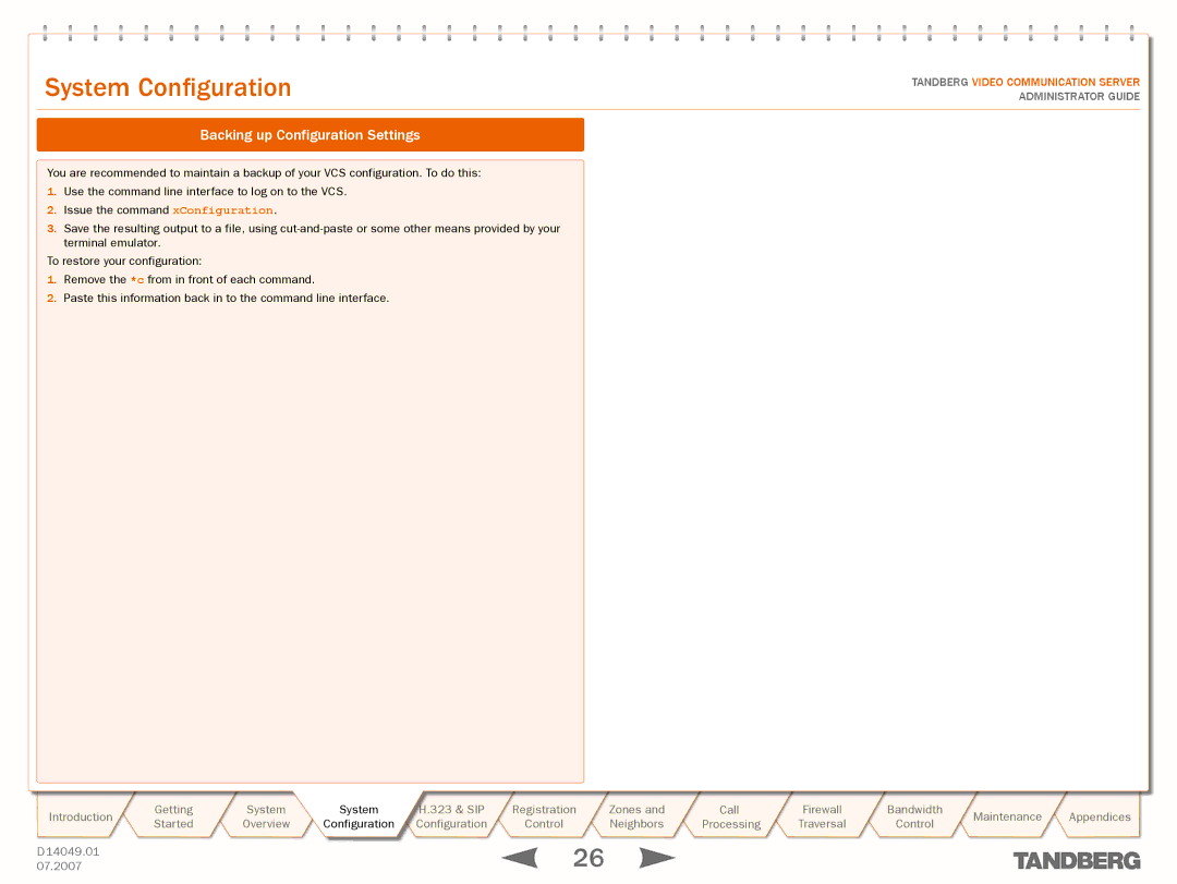 TANDBERG D14049.01 manual Backing up Configuration Settings 