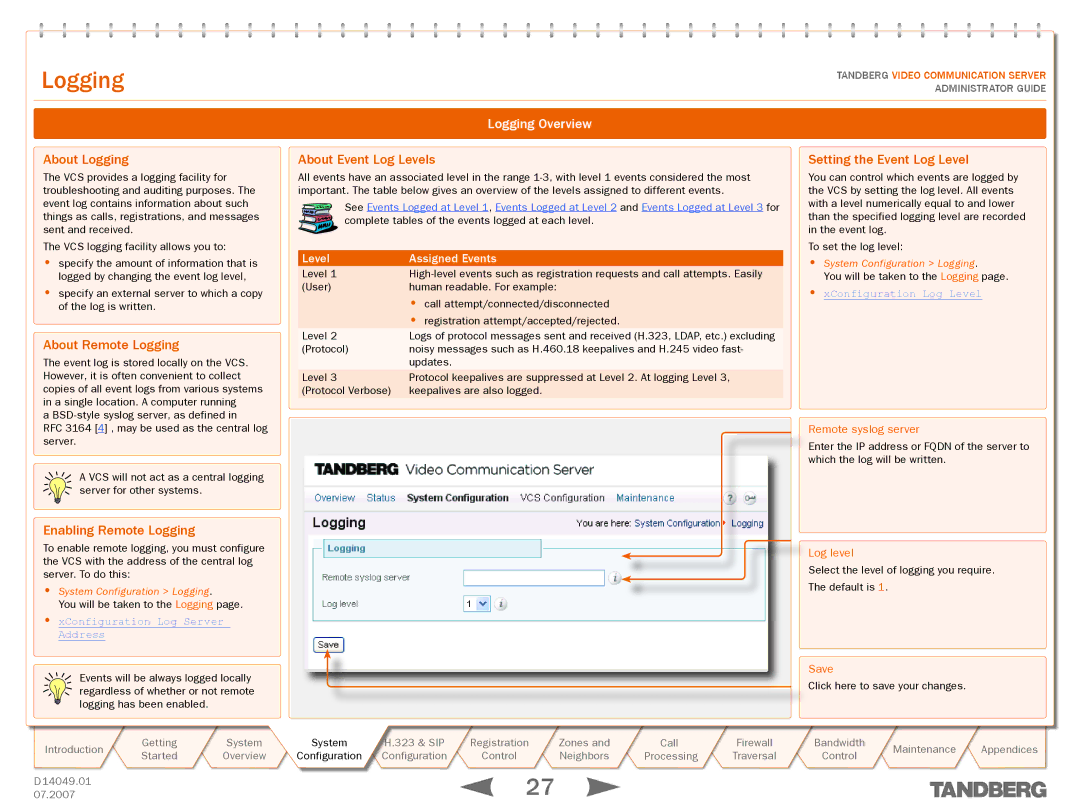 TANDBERG D14049.01 manual Logging Overview 