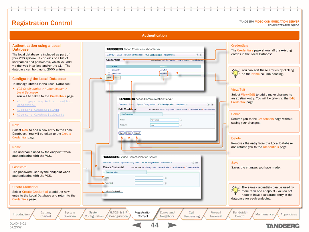 TANDBERG D14049.01 manual Authentication using a Local Database, Configuring the Local Database, New, Create Credential 