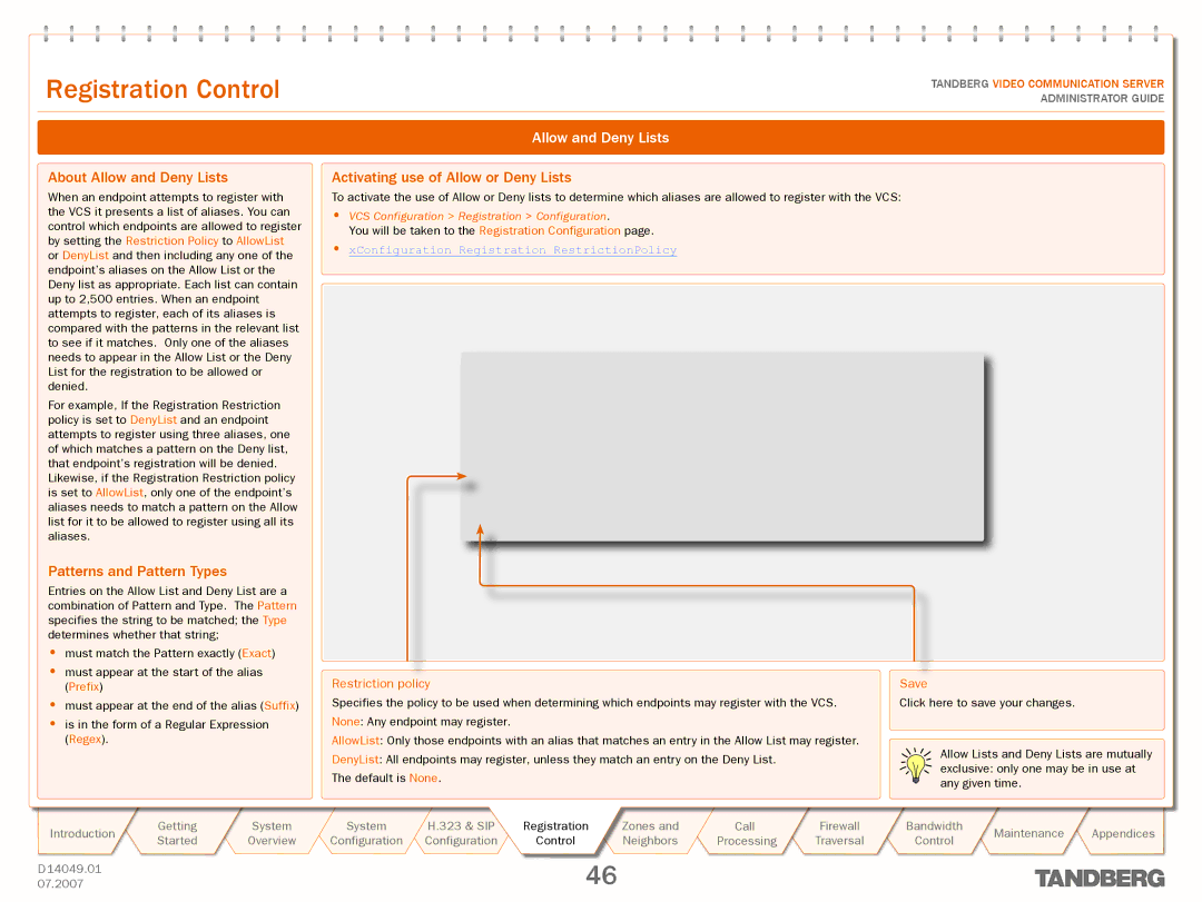 TANDBERG D14049.01 manual About Allow and Deny Lists, Patterns and Pattern Types, Activating use of Allow or Deny Lists 