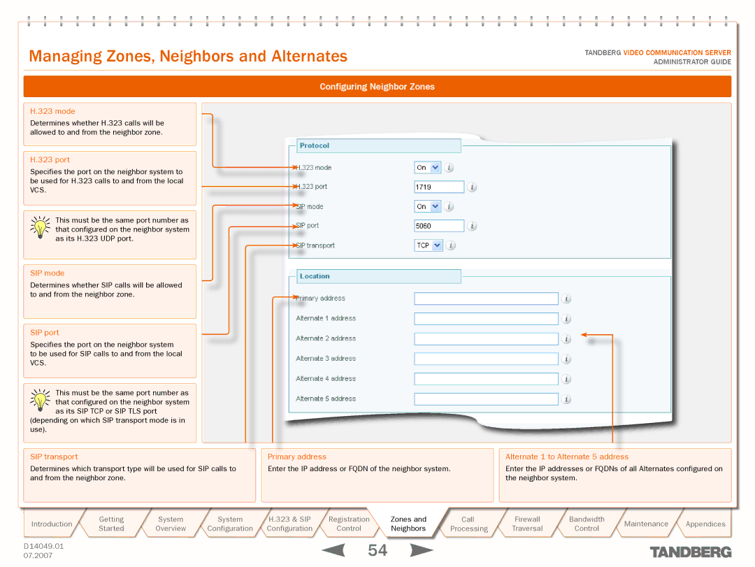 TANDBERG D14049.01 manual Configuring Neighbor Zones, SIP port 