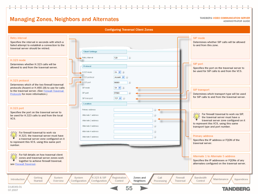 TANDBERG D14049.01 manual Configuring Traversal Client Zones, Retry interval, Protocol, SIP transport 