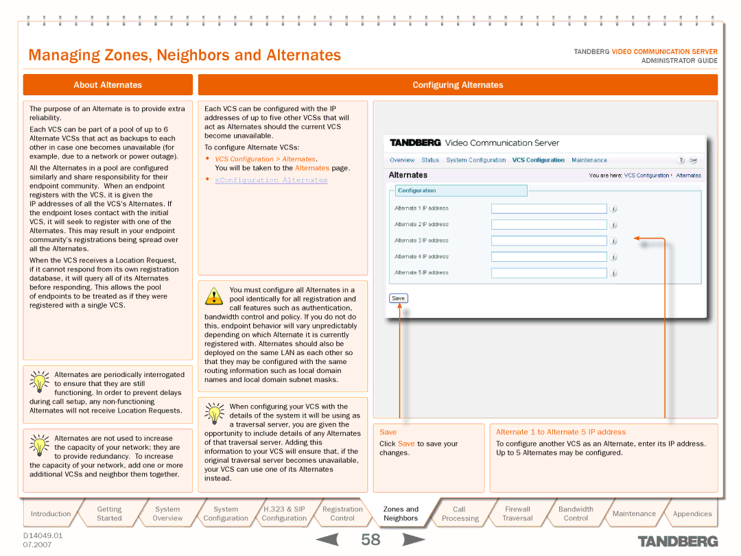 TANDBERG D14049.01 manual About Alternates Configuring Alternates, XConfiguration Alternates 