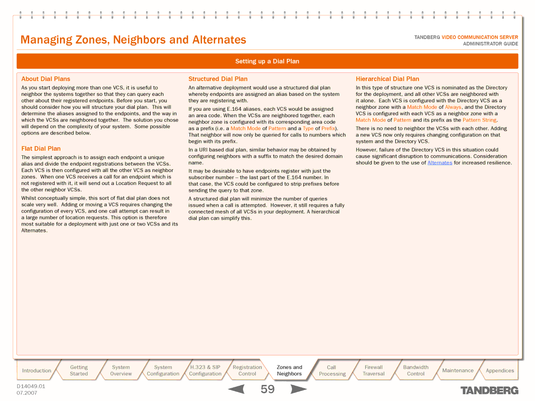 TANDBERG D14049.01 About Dial Plans, Flat Dial Plan, Setting up a Dial Plan, Structured Dial Plan, Hierarchical Dial Plan 