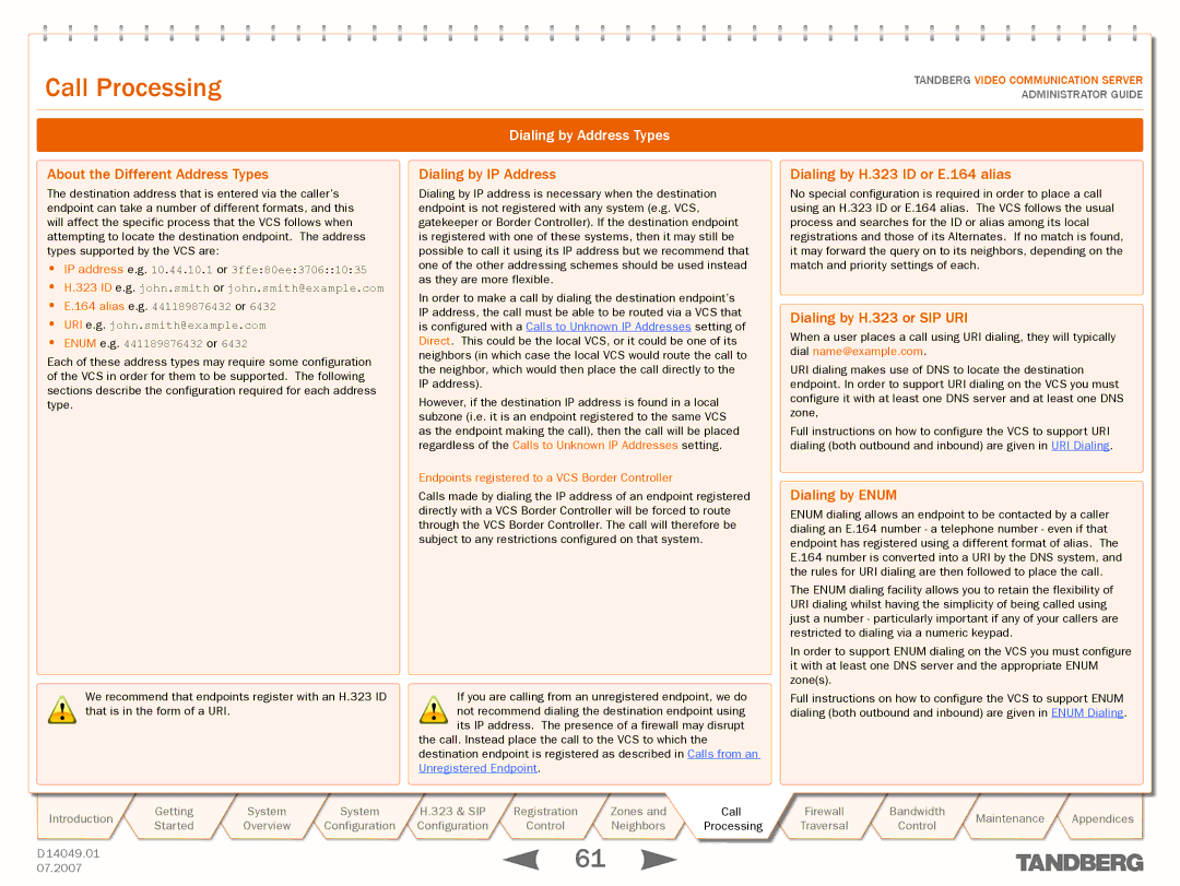 TANDBERG D14049.01 manual Dialing by Address Types 