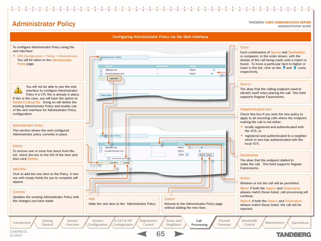 TANDBERG D14049.01 manual Configuring Administrator Policy via the Web Interface 