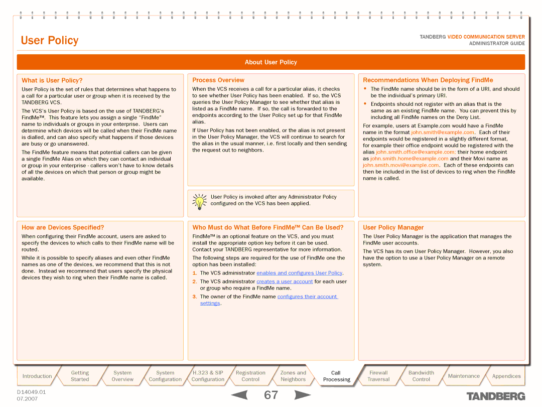 TANDBERG D14049.01 manual UserText goesPolicyhere, About User Policy 