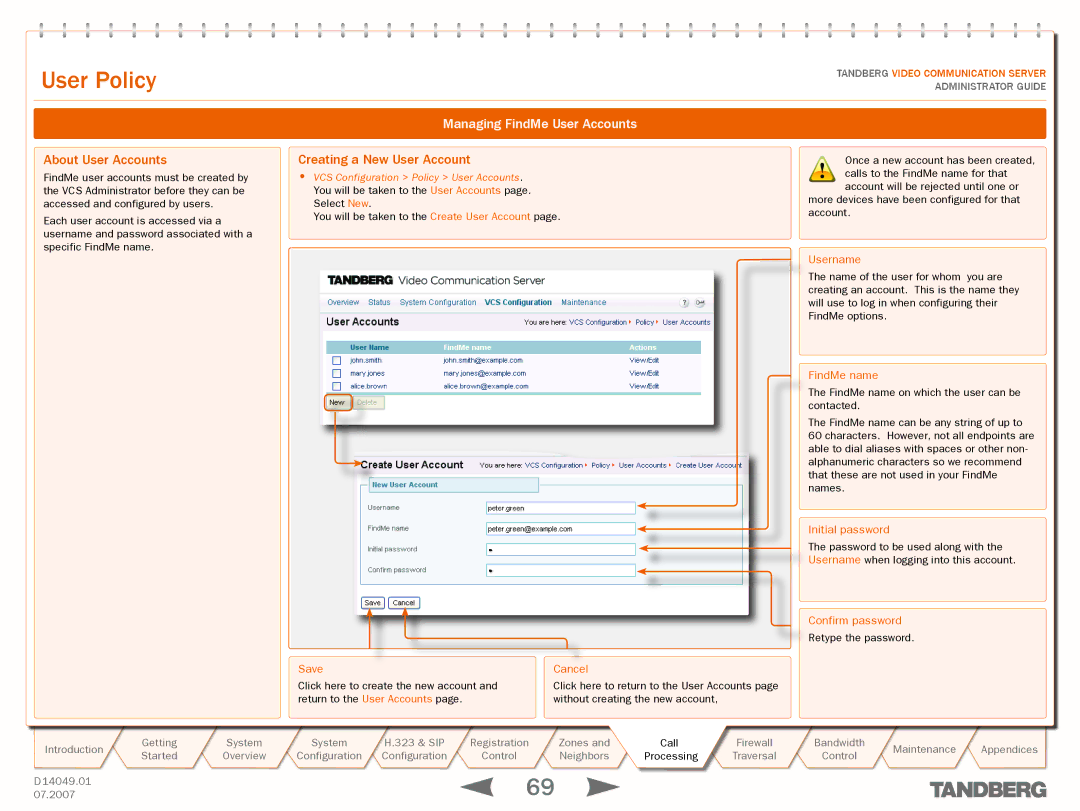 TANDBERG D14049.01 manual About User Accounts, Managing FindMe User Accounts, Creating a New User Account 