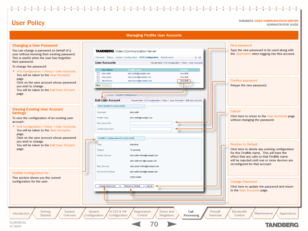 TANDBERG D14049.01 manual Changing a User Password, Viewing Existing User Account Settings 