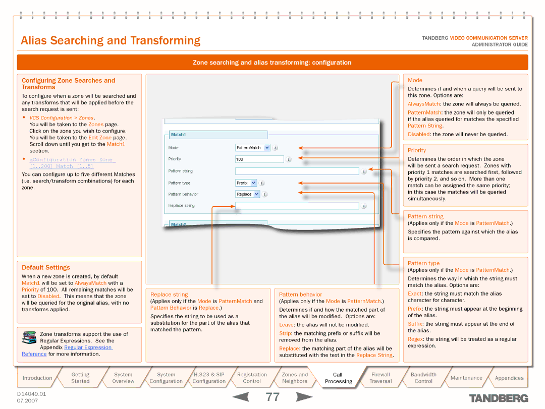 TANDBERG D14049.01 manual Configuring Zone Searches and Transforms, Default Settings 