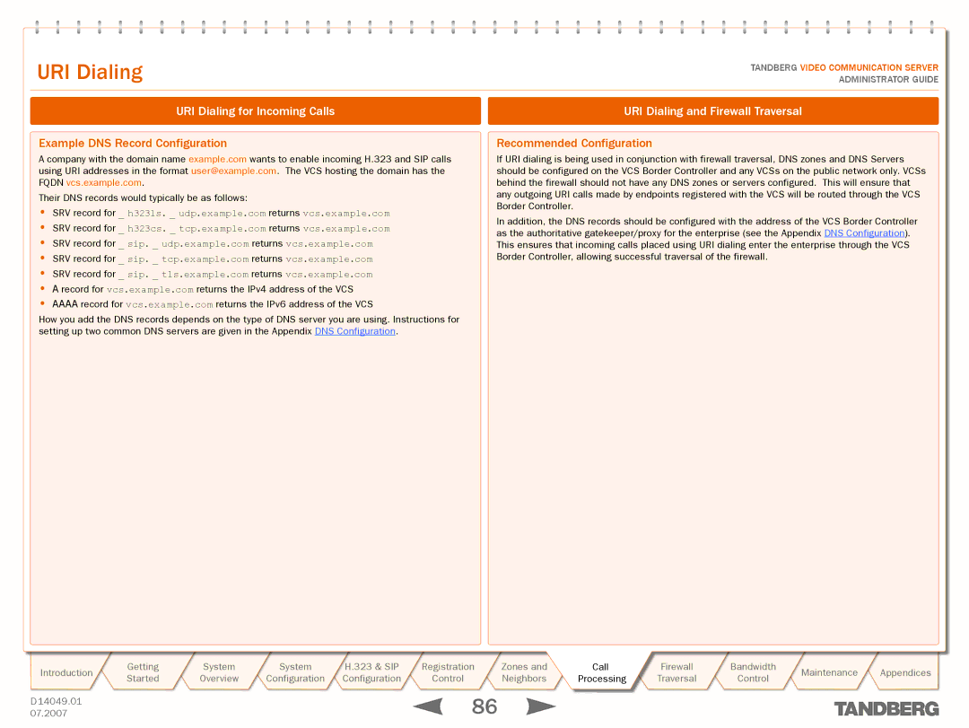 TANDBERG D14049.01 manual Example DNS Record Configuration, URI Dialing and Firewall Traversal, Recommended Configuration 