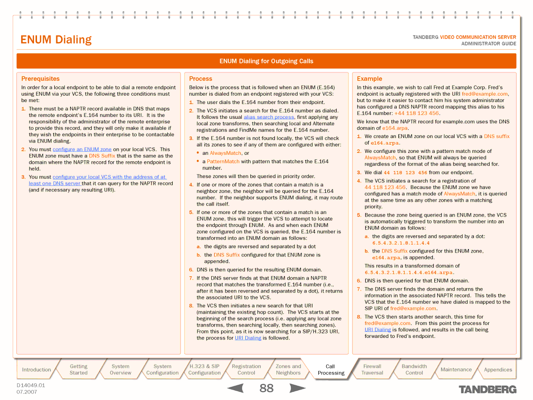 TANDBERG D14049.01 manual Prerequisites, Enum Dialing for Outgoing Calls 