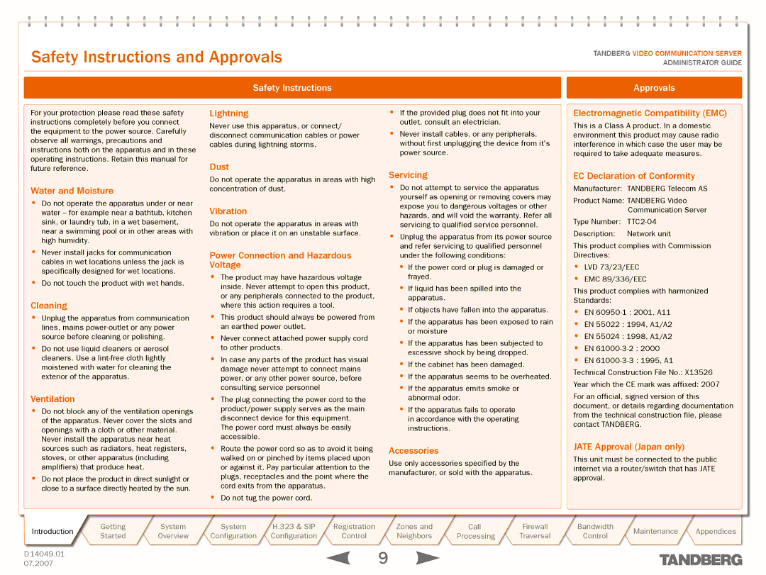 TANDBERG D14049.01 manual Safety Instructions and Approvals 