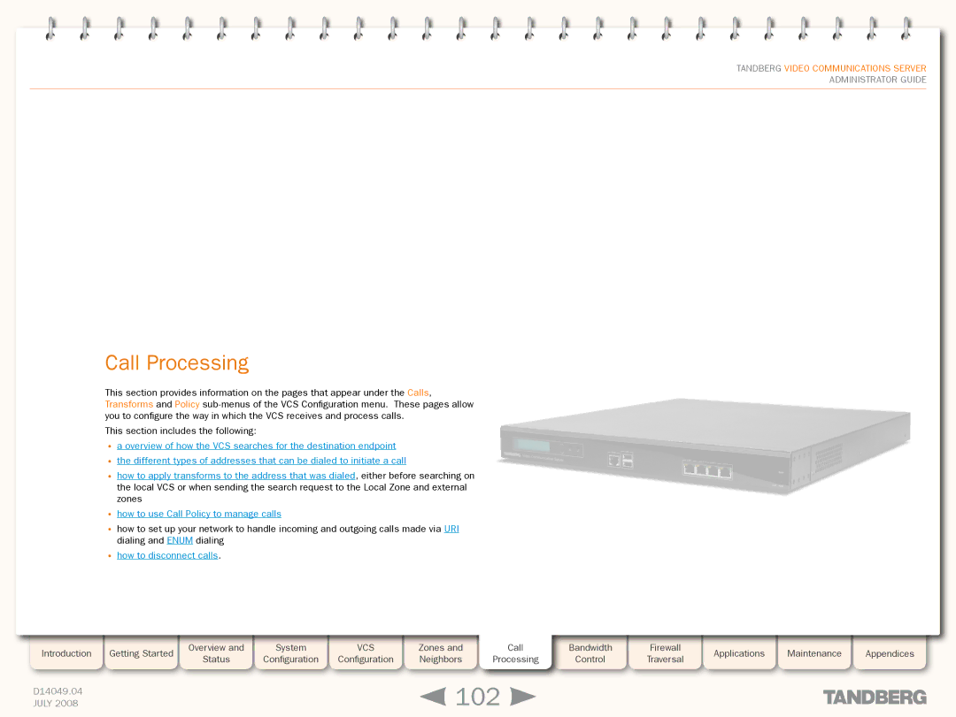 TANDBERG D14049.04 manual 102, Call Processing 