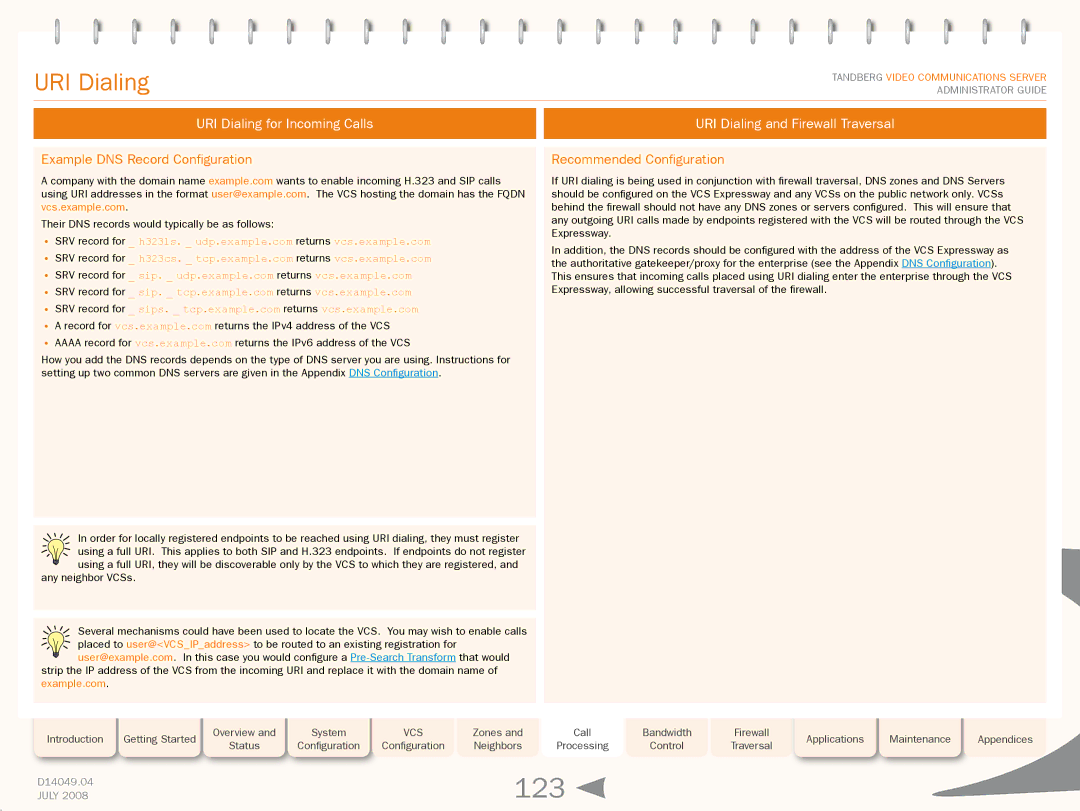 TANDBERG D14049.04 123, Example DNS Record Configuration, URI Dialing and Firewall Traversal, Recommended Configuration 