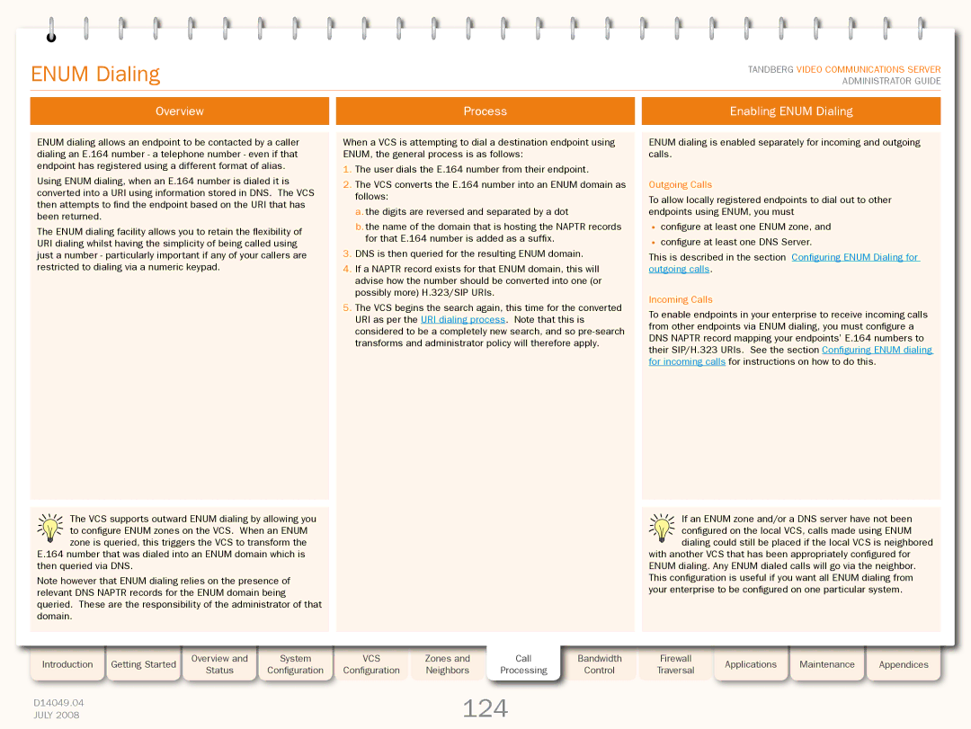 TANDBERG D14049.04 manual 124, Overview Process Enabling Enum Dialing 