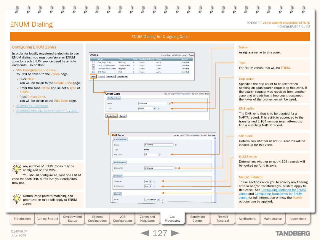 TANDBERG D14049.04 manual 127, Configuring Enum Zones, Click Create Zone 