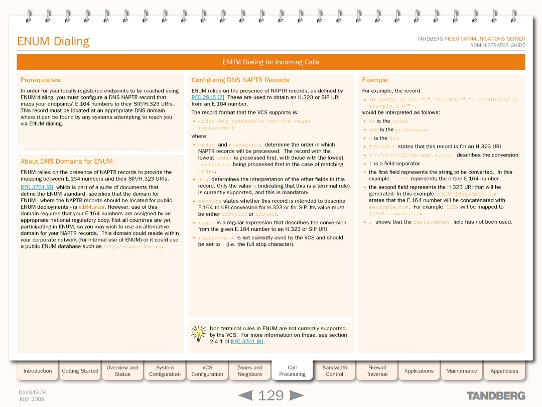 TANDBERG D14049.04 manual 129, Enum Dialing for Incoming Calls, About DNS Domains for Enum, Configuring DNS Naptr Records 