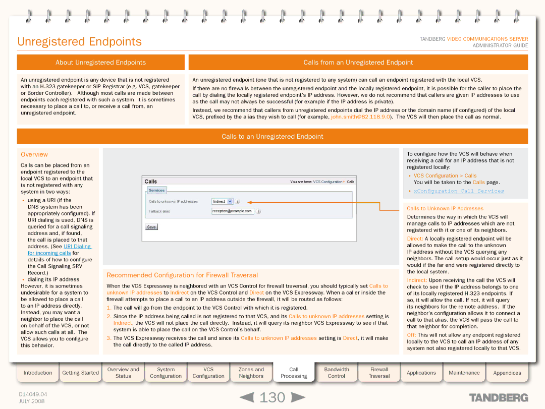 TANDBERG D14049.04 manual 130, Unregistered Endpoints, Calls to an Unregistered Endpoint, XConfiguration Call Services 