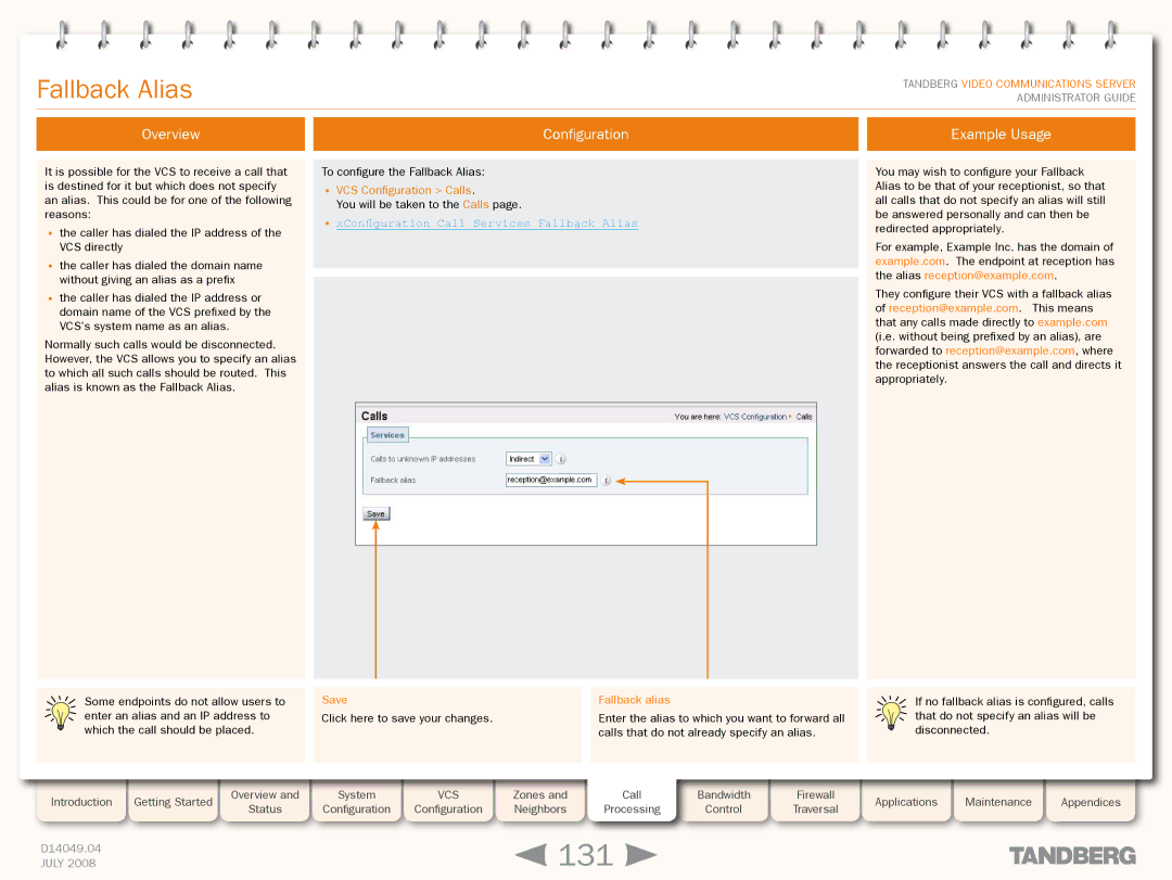 TANDBERG D14049.04 manual 131, Overview Configuration Example Usage, XConfiguration Call Services Fallback Alias 